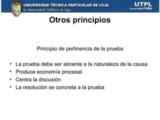 Otros principios

Principio de pertinencia de la prueba
•
•
•
•

La prueba debe ser atinente a la naturaleza de la causa.
Produce economía procesal.
Centra la discusión
La resolución se concreta a la prueba

 