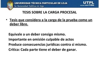 TESIS SOBRE LA CARGA PROCESAL
• Tesis que considera a la carga de la prueba como un
deber libre.
Equivale a un deber consigo mismo.
Importante en omisión culpable de actos
Produce consecuencias jurídicas contra si mismo.
Critica: Cada parte tiene el deber de ganar.

 