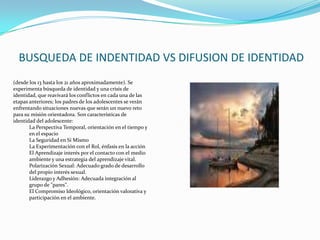 BUSQUEDA DE INDENTIDAD VS DIFUSION DE IDENTIDAD(desde los 13 hasta los 21 años aproximadamente). Se experimenta búsqueda de identidad y una crisis de identidad, que reavivará los conflictos en cada una de las etapas anteriores; los padres de los adolescentes se verán enfrentando situaciones nuevas que serán un nuevo reto para su misión orientadora. Son características de identidad del adolescente: La Perspectiva Temporal, orientación en el tiempo y en el espacio La Seguridad en Sí Mismo La Experimentación con el Rol, énfasis en la acción El Aprendizaje interés por el contacto con el medio ambiente y una estrategia del aprendizaje vital. Polarización Sexual: Adecuado grado de desarrollo del propio interés sexual. Liderazgo y Adhesión: Adecuada integración al grupo de "pares". El Compromiso Ideológico, orientación valorativa y participación en el ambiente. 