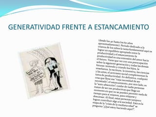 GENERATIVIDAD FRENTE A ESTANCAMIENTO(desde los 40 hasta los 60 años aproximadamente). Periodo dedicado a la crianza de los niños la tarea fundamental aquí es lograr un equilibrio apropiado entre la productividad y el estancamiento la productividad es una extensión del amor hacia el futuro. Tiene que ver con una preocupación sobre la siguiente generación y todas las demás futuras: teniendo y criando los hijos, la enseñanza, la escritura, la inventiva, las ciencias y las artes, el activismo social complementan la tarea de productividad. En definitiva, cualquier cosa que llene esa “vieja necesidad de ser necesitado”, el estancamiento, por otro lado, es la “auto-absorción”; cuidar de nadie personas tratan de ser tan productivas que llega un momento en que no se pueden permitir nada de tiempo para sí mismos, para relajarse y descansar. Al final, estas personas tampoco logran contribuir algo a la sociedad. Esta es la etapa de la “crisis de la mediana edad” se pregunta “¿Qué estoy haciendo aquí?”. 