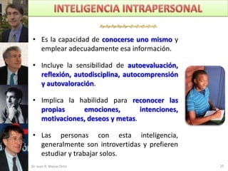 

• Es la capacidad de conocerse uno mismo y
  emplear adecuadamente esa información.

• Incluye la sensibilidad de autoevaluación,
  reflexión, autodisciplina, autocomprensión
  y autovaloración.

• Implica la habilidad para reconocer las
  propias     emociones,        intenciones,
  motivaciones, deseos y metas.

• Las personas con esta inteligencia,
  generalmente son introvertidas y prefieren
  estudiar y trabajar solos.
Dr. Juan R. Mejías Ortiz                       25
 