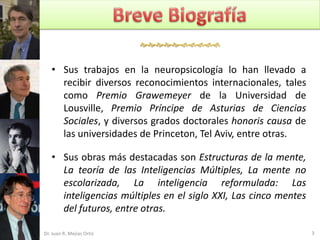 


   • Sus trabajos en la neuropsicología lo han llevado a
     recibir diversos reconocimientos internacionales, tales
     como Premio Grawemeyer de la Universidad de
     Lousville, Premio Príncipe de Asturias de Ciencias
     Sociales, y diversos grados doctorales honoris causa de
     las universidades de Princeton, Tel Aviv, entre otras.

   • Sus obras más destacadas son Estructuras de la mente,
     La teoría de las Inteligencias Múltiples, La mente no
     escolarizada, La inteligencia reformulada: Las
     inteligencias múltiples en el siglo XXI, Las cinco mentes
     del futuros, entre otras.

Dr. Juan R. Mejías Ortiz                                         3
 