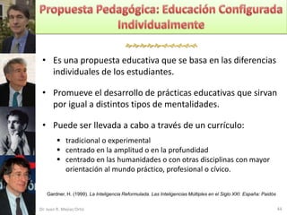 

 • Es una propuesta educativa que se basa en las diferencias
   individuales de los estudiantes.

 • Promueve el desarrollo de prácticas educativas que sirvan
   por igual a distintos tipos de mentalidades.

 • Puede ser llevada a cabo a través de un currículo:
          tradicional o experimental
          centrado en la amplitud o en la profundidad
          centrado en las humanidades o con otras disciplinas con mayor
           orientación al mundo práctico, profesional o cívico.


    Gardner, H. (1999). La Inteligencia Reformulada. Las Inteligencias Múltiples en el Siglo XXI. España: Paidós


Dr. Juan R. Mejías Ortiz                                                                                           44
 
