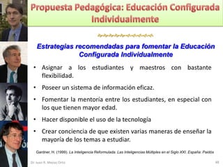 

    Estrategias recomendadas para fomentar la Educación
                 Configurada Individualmente
 • Asignar a los estudiantes y maestros con bastante
   flexibilidad.
 • Poseer un sistema de información eficaz.
 • Fomentar la mentoría entre los estudiantes, en especial con
   los que tienen mayor edad.
 • Hacer disponible el uso de la tecnología
 • Crear conciencia de que existen varias maneras de enseñar la
   mayoría de los temas a estudiar.
   Gardner, H. (1999). La Inteligencia Reformulada. Las Inteligencias Múltiples en el Siglo XXI. España: Paidós

Dr. Juan R. Mejías Ortiz                                                                                          48
 