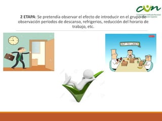 2 ETAPA: Se pretendía observar el efecto de introducir en el grupo de
observación períodos de descanso, refrigerios, reducción del horario de
trabajo, etc.
 