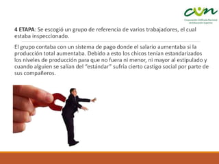 4 ETAPA: Se escogió un grupo de referencia de varios trabajadores, el cual
estaba inspeccionado.
El grupo contaba con un sistema de pago donde el salario aumentaba si la
producción total aumentaba. Debido a esto los chicos tenían estandarizados
los niveles de producción para que no fuera ni menor, ni mayor al estipulado y
cuando alguien se salían del “estándar” sufría cierto castigo social por parte de
sus compañeros.
 