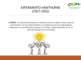 EXPERIMENTO HAWTHORNE
(1927-1932)
1 ETAPA: se trato de demostrar la relación entre un factor físico como la
iluminación y el la productividad y se evidenció que los trabajadores
mejoraron su rendimiento porque se sentían comprometidos al ver el
sitio de trabajo mas iluminado.
 