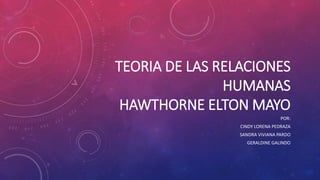 TEORIA DE LAS RELACIONES
HUMANAS
HAWTHORNE ELTON MAYO
POR:
CINDY LORENA PEDRAZA
SANDRA VIVIANA PARDO
GERALDINE GALINDO
 