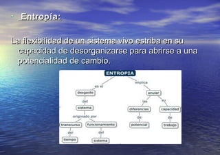 Entropía:Entropía:
La flexibilidad de un sistema vivo estriba en suLa flexibilidad de un sistema vivo estriba en su
capacidad de desorganizarse para abrirse a unacapacidad de desorganizarse para abrirse a una
potencialidad de cambio.potencialidad de cambio.
 