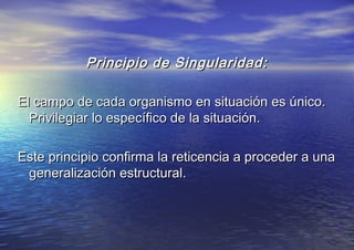 Principio de Singularidad:Principio de Singularidad:
El campo de cada organismo en situación es único.El campo de cada organismo en situación es único.
Privilegiar lo específico de la situación.Privilegiar lo específico de la situación.
Este principio confirma la reticencia a proceder a unaEste principio confirma la reticencia a proceder a una
generalización estructural.generalización estructural.
 