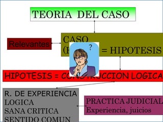 libroselcesar@gmail.com
TEORIA DEL CASO
HIPOTESIS = CONSTRUCCION LOGICA
CASO
(Hechos) = HIPOTESIS
R. DE EXPERIENCIA
LOGICA
SANA CRITICA
PRACTICA JUDICIAL
Experiencia, juicios
Relevantes
 