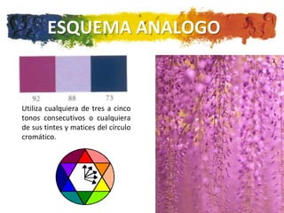 ESQUEMA ANALOGO


Utiliza cualquiera de tres a cinco
tonos consecutivos o cualquiera
de sus tintes y matices del círculo
cromático.
 