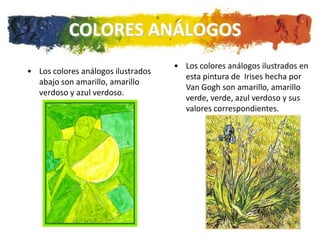 COLORES ANÁLOGOS
                                    • Los colores análogos ilustrados en
• Los colores análogos ilustrados
                                      esta pintura de Irises hecha por
  abajo son amarillo, amarillo
                                      Van Gogh son amarillo, amarillo
  verdoso y azul verdoso.
                                      verde, verde, azul verdoso y sus
                                      valores correspondientes.
 