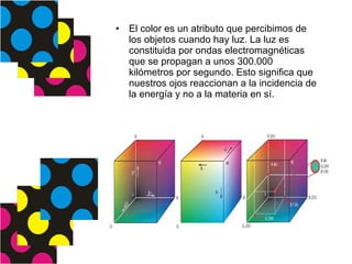 El color es un atributo que percibimos de los objetos cuando hay luz. La luz es constituida por ondas electromagnéticas que se propagan a unos 300.000 kilómetros por segundo. Esto significa que nuestros ojos reaccionan a la incidencia de la energía y no a la materia en sí. 