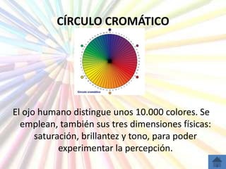 CÍRCULO CROMÁTICO




El ojo humano distingue unos 10.000 colores. Se
  emplean, también sus tres dimensiones físicas:
      saturación, brillantez y tono, para poder
            experimentar la percepción.
 