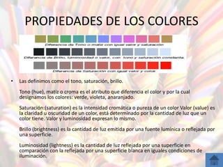 PROPIEDADES DE LOS COLORES



•   Las definimos como el tono, saturación, brillo.
    Tono (hue), matiz o croma es el atributo que diferencia el color y por la cual
    designamos los colores: verde, violeta, anaranjado.
    Saturación:(saturation) es la intensidad cromática o pureza de un color Valor (value) es
    la claridad u oscuridad de un color, está determinado por la cantidad de luz que un
    color tiene. Valor y luminosidad expresan lo mismo.
    Brillo (brightness) es la cantidad de luz emitida por una fuente lumínica o reflejada por
    una superficie.
    Luminosidad (lightness) es la cantidad de luz reflejada por una superficie en
    comparación con la reflejada por una superficie blanca en iguales condiciones de
    iluminación.
 