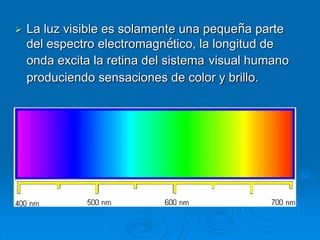  La luz visible es solamente una pequeña parte
del espectro electromagnético, la longitud de
onda excita la retina del sistema visual humano
produciendo sensaciones de color y brillo.
 