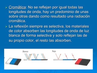  Cromática: No se reflejan por igual todas las
longitudes de onda, hay un predominio de unas
sobre otras dando como resultado una radiación
cromática.
 La reflexión siempre es selectiva, los materiales
de color absorben las longitudes de onda de luz
blanca de forma selectiva y solo reflejan las de
su propio color, el resto las absorben.
 