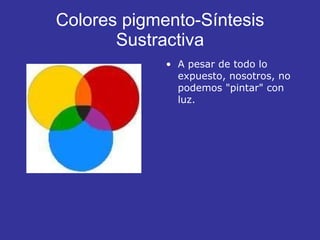 Colores pigmento-Síntesis Sustractiva A pesar de todo lo expuesto, nosotros, no podemos "pintar" con luz.  