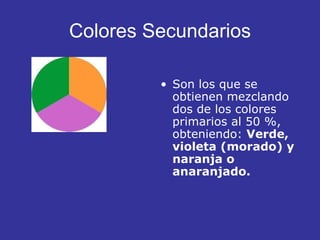 Colores Secundarios Son los que se obtienen mezclando dos de los colores primarios al 50 %, obteniendo:  Verde, violeta (morado) y naranja o anaranjado. 