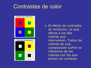 Contrastes de color El efecto de contraste es recíproco, ya que afecta a los dos colores que intervienen. Todos los colores de una composición sufren la influencia de los colores con los que entran en contacto .  