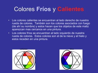 Colores   Fríos   y  Calientes Los colores calientes se encuentran al lado derecho de nuestra rueda de colores.  También son los colores asociados con fuego (de ahí su nombre) y estos hacen que los objetos de este matiz aparezcan mas cercanos en una pintura. Los colores fríos se encuentran al lado izquierdo de nuestra rueda de colores.  Estos colores son el de la nieve y el hielo y estos receden en una pintura. calientes fríos 
