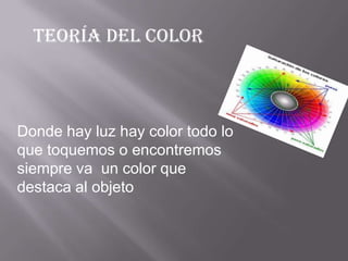Teoría del color



Donde hay luz hay color todo lo
que toquemos o encontremos
siempre va un color que
destaca al objeto
 