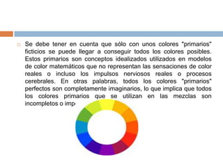    Se debe tener en cuenta que sólo con unos colores "primarios"
    ficticios se puede llegar a conseguir todos los colores posibles.
    Estos primarios son conceptos idealizados utilizados en modelos
    de color matemáticos que no representan las sensaciones de color
    reales o incluso los impulsos nerviosos reales o procesos
    cerebrales. En otras palabras, todos los colores "primarios"
    perfectos son completamente imaginarios, lo que implica que todos
    los colores primarios que se utilizan en las mezclas son
    incompletos o imperfectos.
 