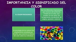 IMPORTANCIA Y SIGNIFICADO DEL
COLOR
EL COLOR PSICOLOGICO
Son las diferentes impresiones
que emanan del ambiente
creado por el color, que
pueden ser de calma, de
recogimiento, de plenitud, de
alegría, opresión, violencia.
La psicología de los colores fue
ampliamente estudiada por
Goethe, que examinó el efecto
del color sobre los individuos
 
