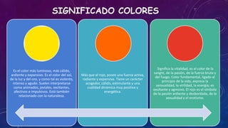 SIGNIFICADO COLORES
Es el color más luminoso, más cálido,
ardiente y expansivo. Es el color del sol,
de la luz y del oro, y como tal es violento,
intenso y agudo. Suelen interpretarse
como animados, joviales, excitantes,
afectivos e impulsivos. Está también
relacionado con la naturaleza.
Más que el rojo, posee una fuerza activa,
radiante y expansiva. Tiene un carácter
acogedor, cálido, estimulante y una
cualidad dinámica muy positiva y
energética.
Significa la vitalidad, es el color de la
sangre, de la pasión, de la fuerza bruta y
del fuego. Color fundamental, ligado al
principio de la vida, expresa la
sensualidad, la virilidad, la energía; es
exultante y agresivo. El rojo es el símbolo
de la pasión ardiente y desbordada, de la
sexualidad y el erotismo.
 