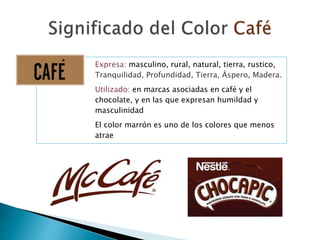 Expresa: masculino, rural, natural, tierra, rustico,
Tranquilidad, Profundidad, Tierra, Áspero, Madera.
Utilizado: en marcas asociadas en café y el
chocolate, y en las que expresan humildad y
masculinidad
El color marrón es uno de los colores que menos
atrae
 