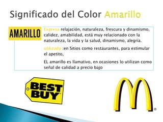 Expresa relajación, naturaleza, frescura y dinamismo,
calidez, amabilidad, está muy relacionado con la
naturaleza, la vida y la salud, dinamismo, alegría.
utilizado :en Sitios como restaurantes, para estimular
el apetito,
EL amarillo es llamativo, en ocasiones lo utilizan como
señal de calidad a precio bajo
 