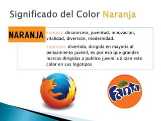 Expresa: dinamismo, juventud, innovación,
vitalidad, diversión, modernidad.
Expresan: divertida, dirigida en mayoría al
pensamiento juvenil, es por eso que grandes
marcas dirigidas a publico juvenil utilizan este
color en sus logotipos
 