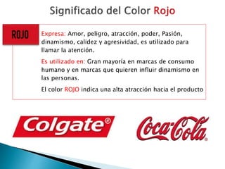 Expresa: Amor, peligro, atracción, poder, Pasión,
dinamismo, calidez y agresividad, es utilizado para
llamar la atención.
Es utilizado en: Gran mayoría en marcas de consumo
humano y en marcas que quieren influir dinamismo en
las personas.
El color ROJO indica una alta atracción hacia el producto
 
