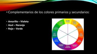 • Complementarios de los colores primarios y secundarios:
• Amarillo – Violeta
• Azul – Naranja
• Rojo – Verde
 