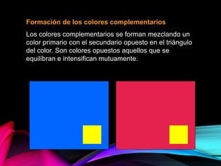 Formación de los colores complementarios
Los colores complementarios se forman mezclando un
color primario con el secundario opuesto en el triángulo
del color. Son colores opuestos aquellos que se
equilibran e intensifican mutuamente.
 