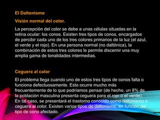 El Daltonismo
Visión normal del color.
La percepción del color se debe a unas células situadas en la
retina ocular: los conos. Existen tres tipos de conos, encargados
de percibir cada uno de los tres colores primarios de la luz (el azul,
el verde y el rojo). En una persona normal (no daltónica), la
combinación de estos tres colores le permite discernir una muy
amplia gama de tonalidades intermedias.
Ceguera al color
El problema llega cuando uno de estos tres tipos de conos falta o
funciona defectuosamente. Esto ocurre mucho más
frecuentemente de lo que podríamos pensar (de hecho, un 8% de
la población masculina presenta ceguera para el rojo o el verde).
En tal caso, se presentará el trastorno conocido como daltonismo o
ceguera al color. Existen varios tipos de daltonismo, en función del
tipo de cono afectado.
 