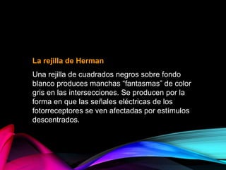 La rejilla de Herman
Una rejilla de cuadrados negros sobre fondo
blanco produces manchas “fantasmas” de color
gris en las intersecciones. Se producen por la
forma en que las señales eléctricas de los
fotorreceptores se ven afectadas por estímulos
descentrados.
 