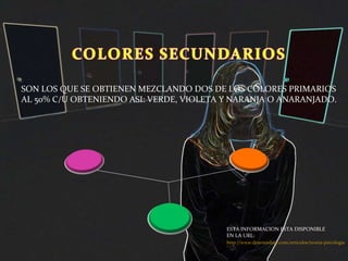 SON LOS QUE SE OBTIENEN MEZCLANDO DOS DE LOS COLORES PRIMARIOS AL 50% C/U OBTENIENDO ASI: VERDE, VIOLETA Y NARANJA O ANARANJADO. http://www.desenredate.com/articulos/teoria-psicologia-color.php ESTA INFORMACION ESTA DISPONIBLE EN LA URL: 