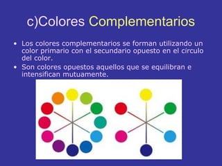 c)Colores Complementarios
• Los colores complementarios se forman utilizando un
color primario con el secundario opuesto en el círculo
del color.
• Son colores opuestos aquellos que se equilibran e
intensifican mutuamente.

 