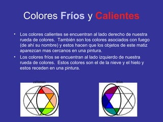 Colores Fríos y Calientes
•

•

Los colores calientes se encuentran al lado derecho de nuestra
rueda de colores. También son los colores asociados con fuego
(de ahí su nombre) y estos hacen que los objetos de este matiz
aparezcan mas cercanos en una pintura.
Los colores fríos se encuentran al lado izquierdo de nuestra
rueda de colores. Estos colores son el de la nieve y el hielo y
estos receden en una pintura.
calientes

fríos

 