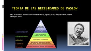 TEORIA DE LAS NECESIDADES DE MASLOW 
Para Maslow las necesidades humanas están organizadas y dispuestas en niveles 
de importancia: 
 