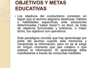 OBJETIVOS Y METAS
EDUCATIVAS
 Los objetivos del conductismo consisten en
lograr que el alumno adquiera destrezas, hábitos
o habilidades específicas ante situaciones
determinadas ("saber hacer"), es decir, se trata
de objetivos funcionales y prácticos, o mejor
dicho, los objetivos son operativos.

Este paradigma concibe que hay aprendizaje por
parte del alumno cuando este memoriza y
comprende la información, pero no se le exige
en ningún momento que sea creativo o que
elabore la información. El aprendizaje debe
manifestarse a través de conductas medibles.
 