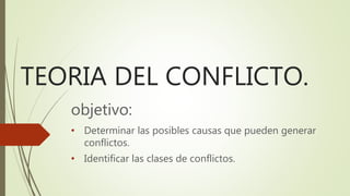 TEORIA DEL CONFLICTO.
objetivo:
• Determinar las posibles causas que pueden generar
conflictos.
• Identificar las clases de conflictos.
 