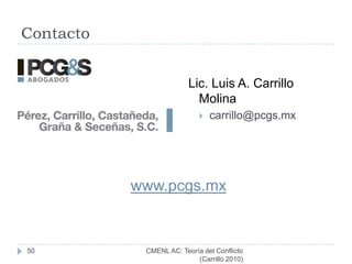 Terminación del ConflictoUna interrupción, intermisión o tregua. Los oponentes han agotado sus fuerzas y necesitan recomponer cosas.Compromiso para el reconocimiento muto de que ambos bandos renuncian a parte de los objetivos que perseguían inicialmente. Los bandos enfrentados asumen recíprocamente la imposibilidad de alcanzar los objetivos que perseguían al iniciar el conflicto.Derrota de un bando. Admisión de un bando de que no puede o no quiere continuar con el enfrentamiento.44CMENL AC: Teoría del Conflicto          (Carrillo 2010)