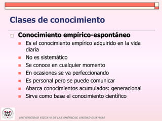 Clases de conocimiento 
 Conocimiento empírico-espontáneo 
 Es el conocimiento empírico adquirido en la vida 
diaria 
 No es sistemático 
 Se conoce en cualquier momento 
 En ocasiones se va perfeccionando 
 Es personal pero se puede comunicar 
 Abarca conocimientos acumulados: generacional 
 Sirve como base el conocimiento científico 
UNIVERSIDAD VIZCAYA DE LAS AMÉRICAS. UNIDAD GUAYMAS 
 