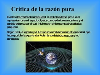 Crítica de la razón pura Existen  dos modos de sensibilidad : el  sentido externo , por el cual representamos en el espacio objetos como exteriores a nosotros, y el  sentido externo , por el cual intuimos en el tiempo nuestros estados psíquicos. Según Kant, el  espacio y el tiempo son condiciones subjetivas  a priori que hacen posible la experiencia. Además son  intuiciones puras  y no conceptos. 