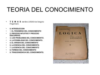TEORIA DEL CONOCIMIENTO
• T E M A S del libro LOGICA de Gregorio
Fingermann.
• 0. INTRODUCCION
• 1. EL FENOMENO DEL CONOCIMIENTO
• 2. PROCESO INTUITIVO Y PROCESO
DISCURSIVO.
• 3. LOS PROBLEMAS DEL CONOCIMIENTO.
• 4. LA POSIBILIDAD DEL CONOCIMIENTO.
• 5. EL ORIGEN DEL CONOCIMIENTO
• 6. LA ESENCIA DEL CONOCIMIENTO.
• 7. LA ESENCIA DEL CONOCIMIENTO
• 8. FORMAS DEL CONOCIMIENTO
• 9. TRASCENDENCIA DEL CONOCIMIENTO.
 