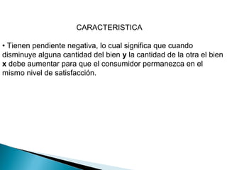 CARACTERISTICA
• Tienen pendiente negativa, lo cual significa que cuando
disminuye alguna cantidad del bien y la cantidad de la otra el bien
x debe aumentar para que el consumidor permanezca en el
mismo nivel de satisfacción.
 