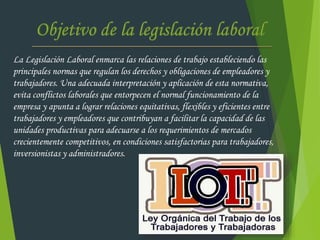 La Legislación Laboral enmarca las relaciones de trabajo estableciendo las
principales normas que regulan los derechos y obligaciones de empleadores y
trabajadores. Una adecuada interpretación y aplicación de esta normativa,
evita conflictos laborales que entorpecen el normal funcionamiento de la
empresa y apunta a lograr relaciones equitativas, flexibles y eficientes entre
trabajadores y empleadores que contribuyan a facilitar la capacidad de las
unidades productivas para adecuarse a los requerimientos de mercados
crecientemente competitivos, en condiciones satisfactorias para trabajadores,
inversionistas y administradores.
 